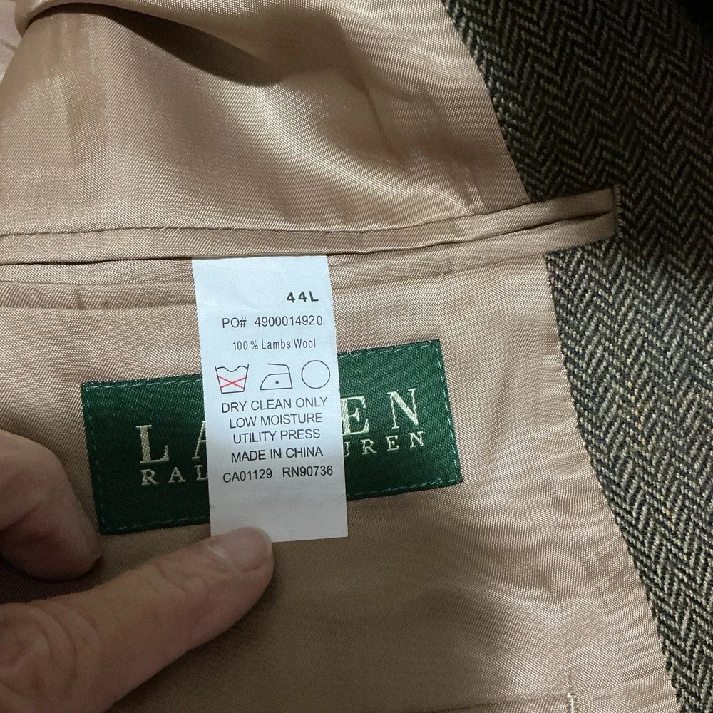 Lauren Ralph Lauren Men Sport Coat Jacket 44L Lambs‎ Wool Brown Herringbone